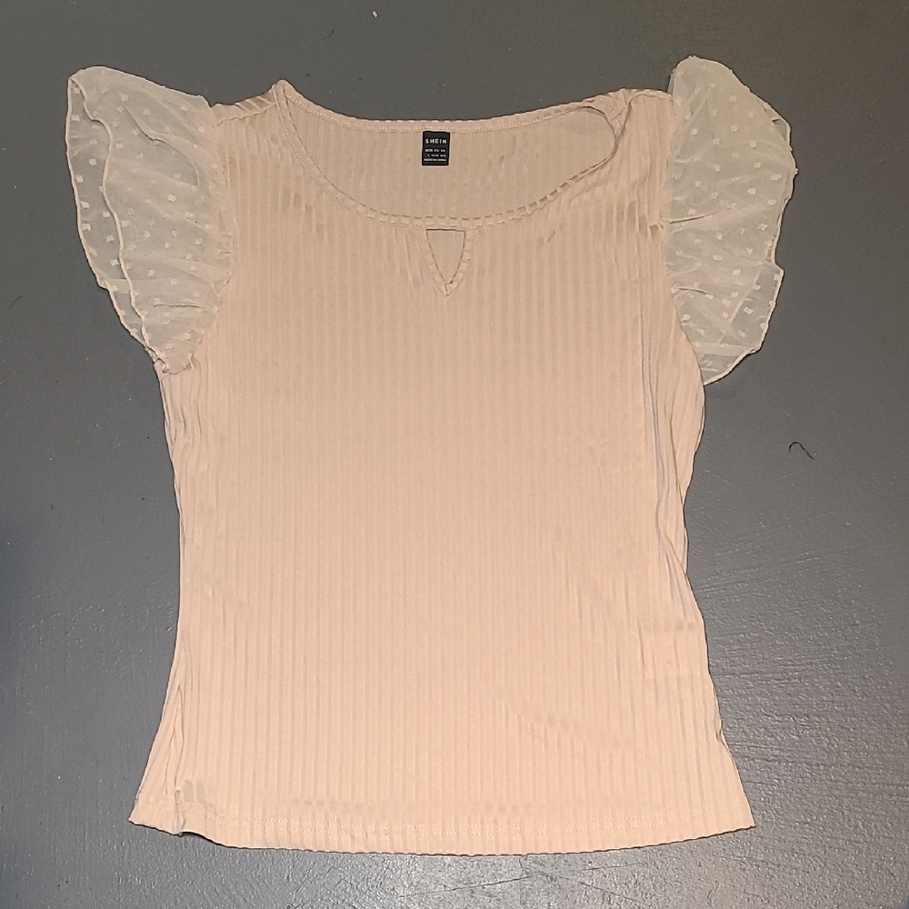 SHEIN Cream Blouse with Sheer Polka Dot Sleeves